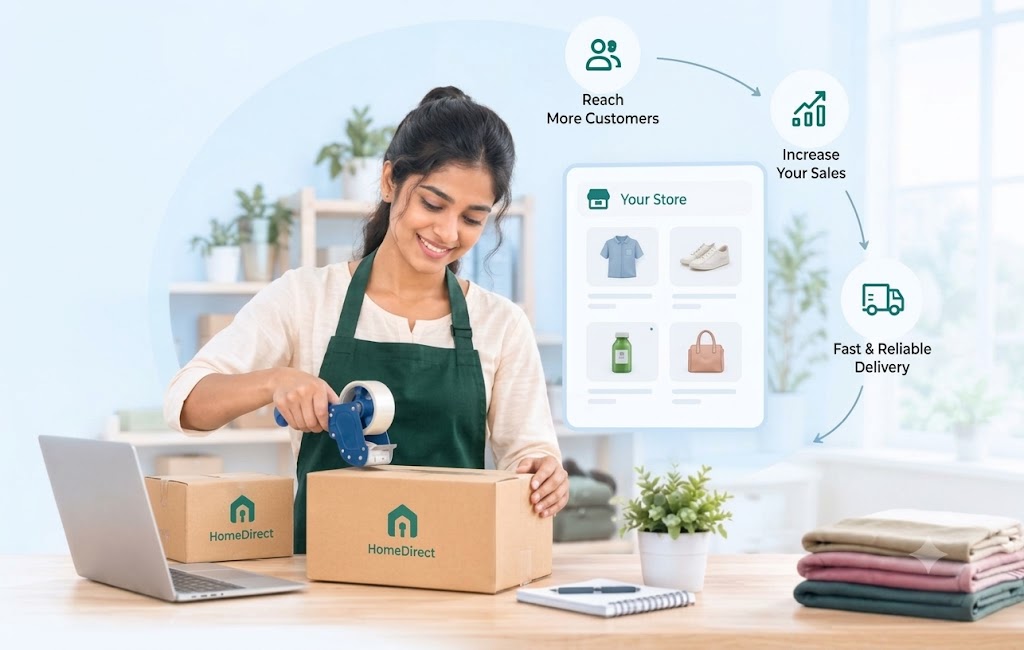 HomeDirect seller standing in a store, managing products and orders from the HomeDirect seller app on a smartphone